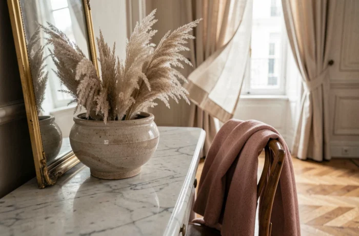 Vignette décorative sur mesure avec console en marbre, herbes de pampa séchées et miroir doré dans un appartement parisien élégant