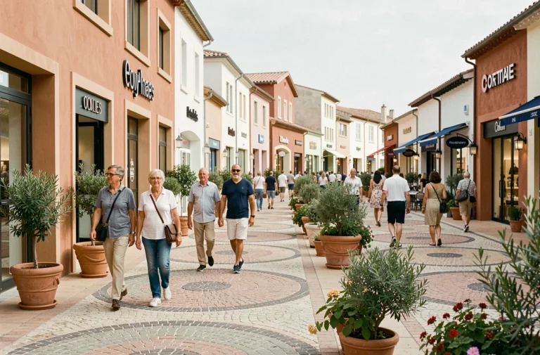 Vue panoramique du village des marques Miramas avec ses boutiques outlet et ses allées piétonnes animées