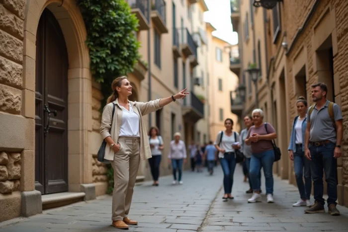 Habitante locale guidant un groupe de touristes à pied dans les rues historiques d'une vieille ville